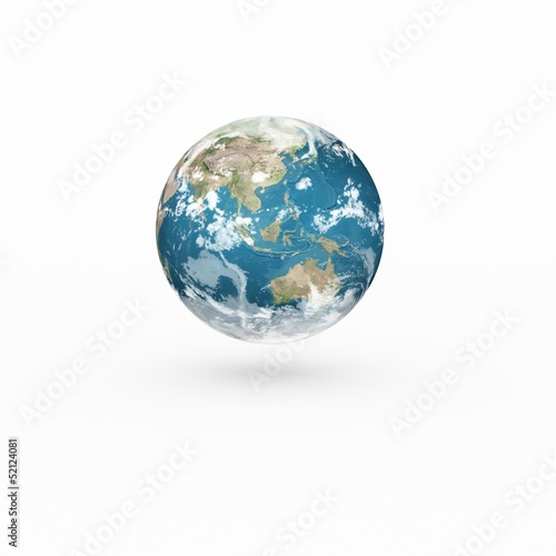 3D Earth model on white background with shadow.