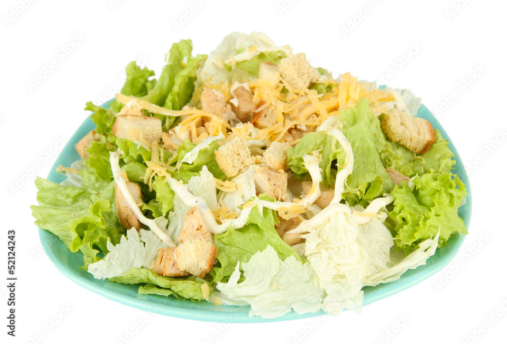 Caesar salad on blue plate, isolated on white Caesar salad on blue plate, isolated on white
