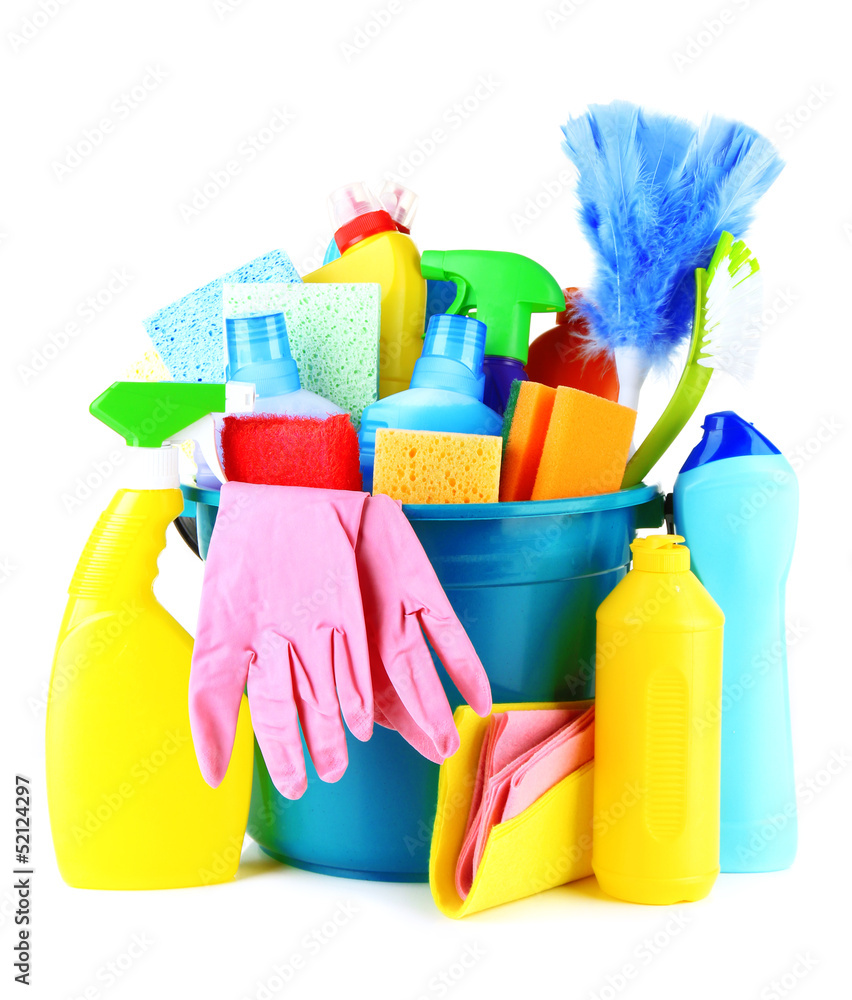 Cleaning items in bucket isolated on white Cleaning items in bucket isolated on white