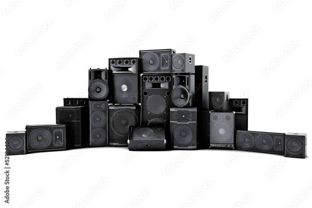 Naklejka premium Large group of speakers in a row, on a white background.