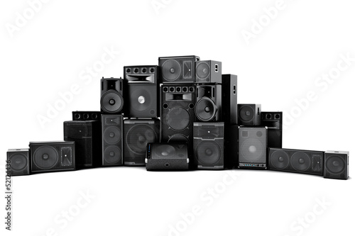 Large group of speakers in a row, on a white background.
