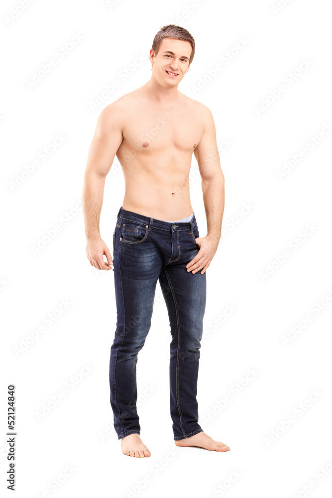 Full length portrait of a shirtless handsome guy looking at came Full length portrait of a shirtless handsome guy looking at came