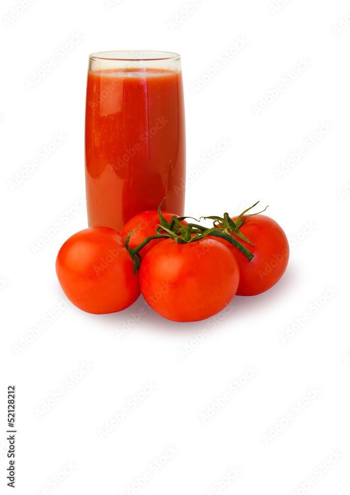 Tomato juice in glass with tomatoes on white background Tomato juice in glass with tomatoes on white background