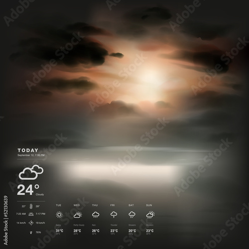 Weather widget template and sunset the sea background