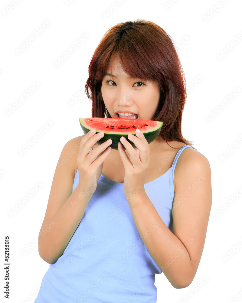 young asian woman with a piece of red watermelon young asian woman with a piece of red watermelon