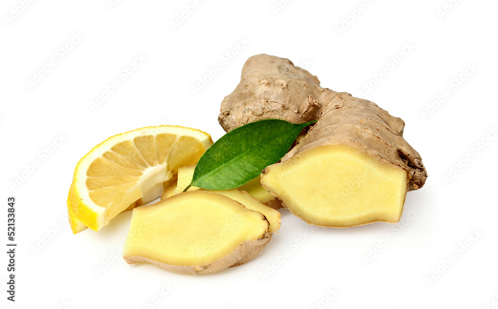 Sliced ginger root and lemon. Sliced ginger root and lemon.