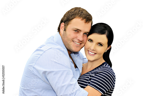 Beautiful happy young couple on white background