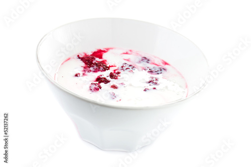 Fresh yogurt with blackberry in a white bowl, isolated