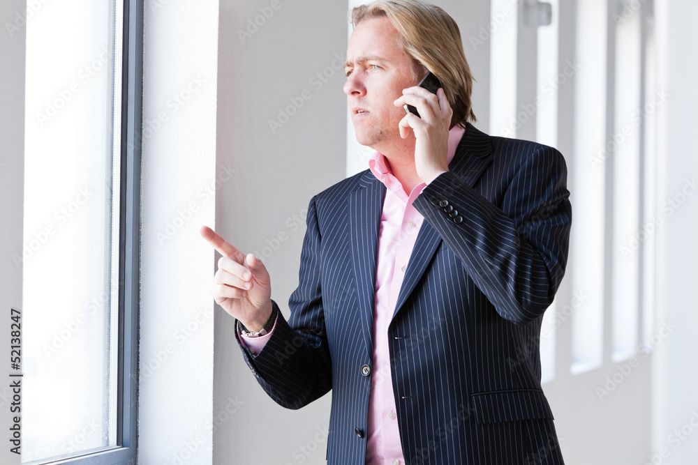 Business man calling with his cellphone in white office. Business man calling with his cellphone in white office.