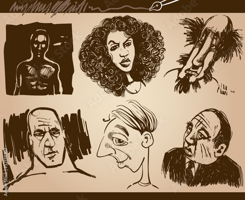 people faces caricature sketch drawings set