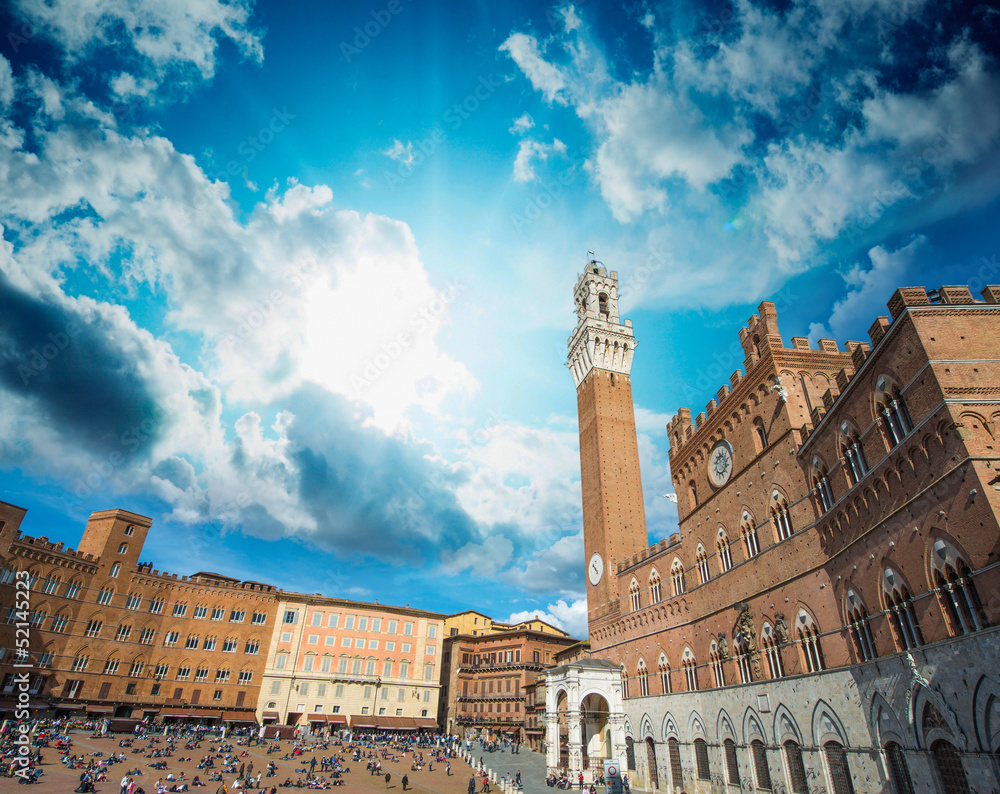 Wonderful wideangle view of Piazza del Campo in Siena, Italy