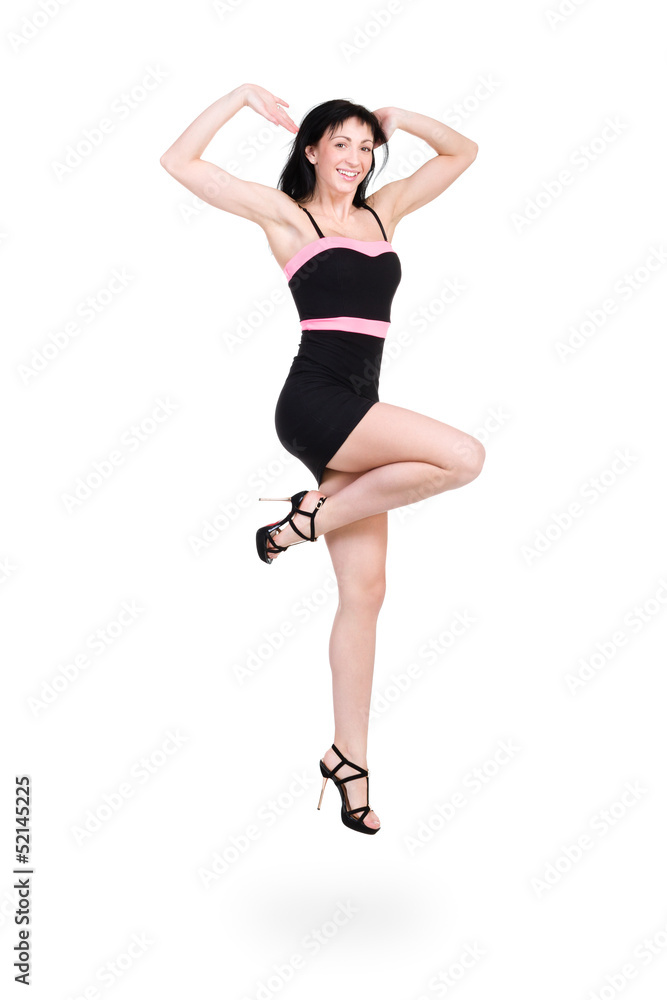 Jumping woman in little black dress on white Jumping woman in little black dress on white