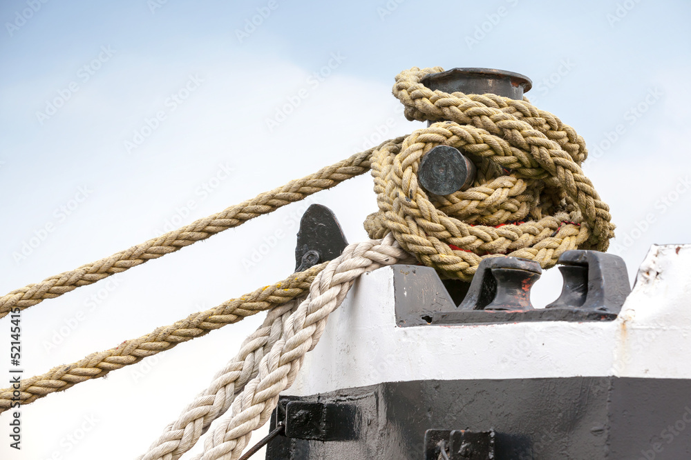 Fototapeta premium Ships mooring bollard with heavy duty ropes