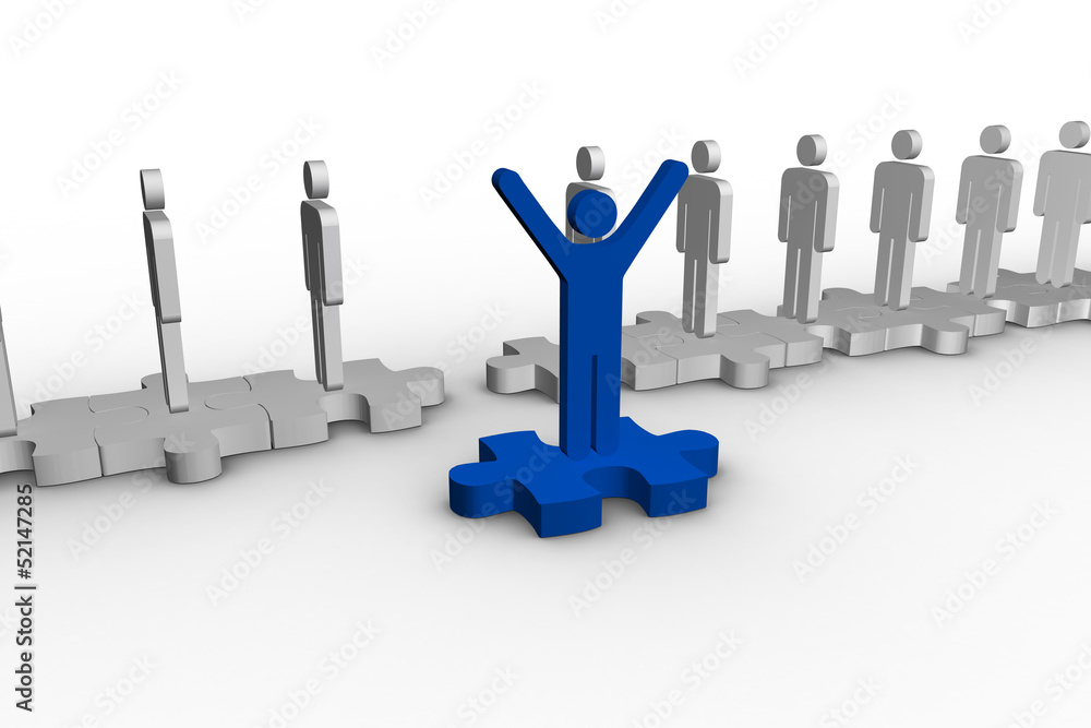 Blue human form over jigsaw piece raising arms Blue human form over jigsaw piece raising arms