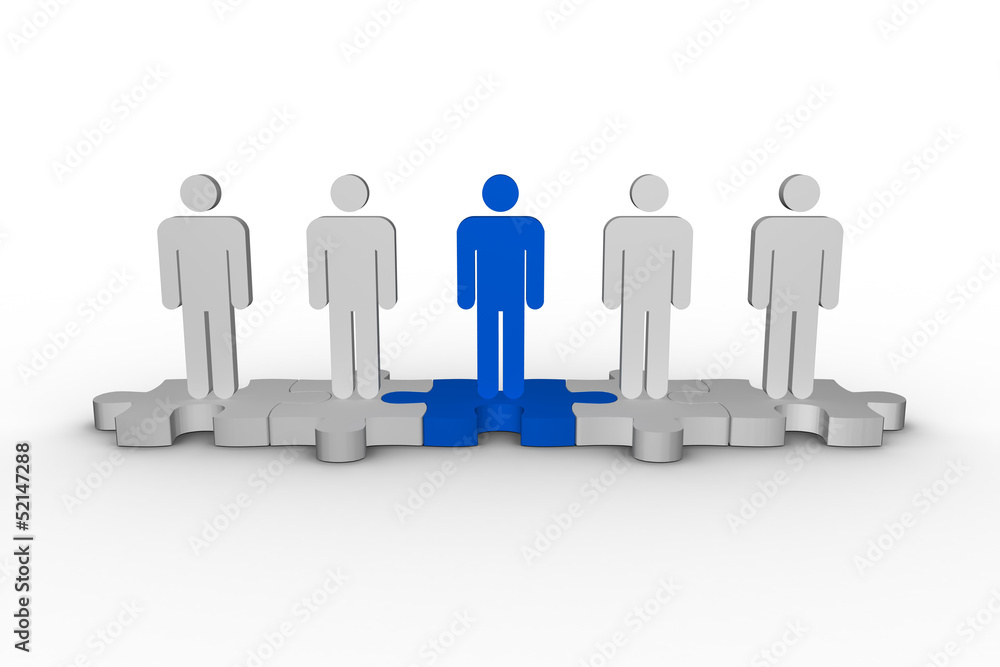 Meshed jigsaw pieces with human figures standing in line Meshed jigsaw pieces with human figures standing in line