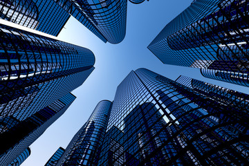 Reflective skyscrapers, business office buildings.