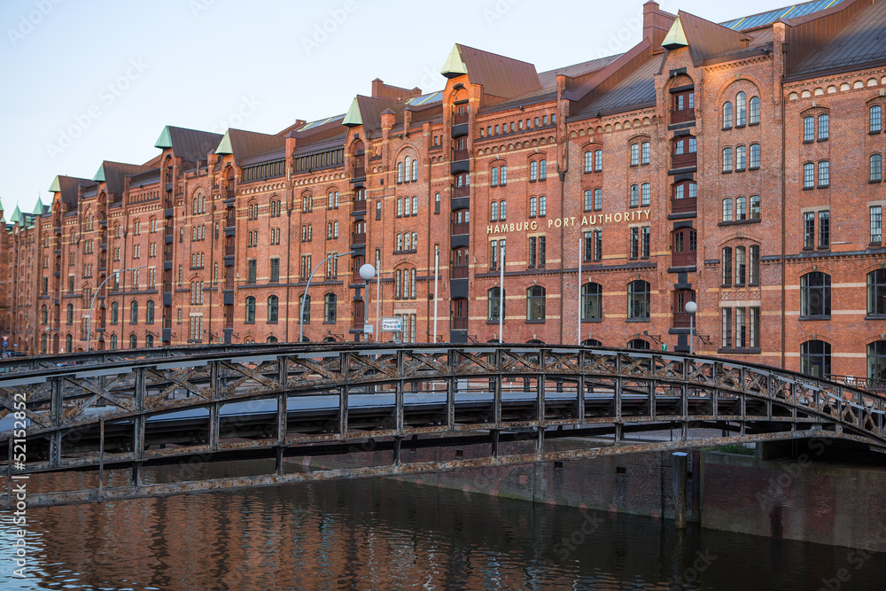 View into a channel at the Speicherstadt View into a channel at the Speicherstadt