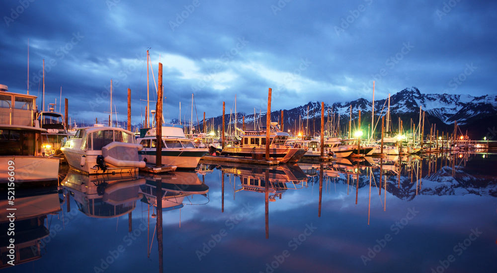 Seward Marina Alaska Boats Night Smooth Water Cloudy Sky