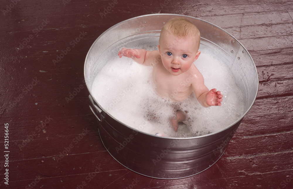 Infant Boy Taking Bubble Bath in Big Round Galvanized Tub Infant Boy Taking Bubble Bath in Big Round Galvanized Tub