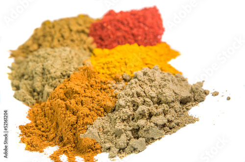 Various powdered spices over white background