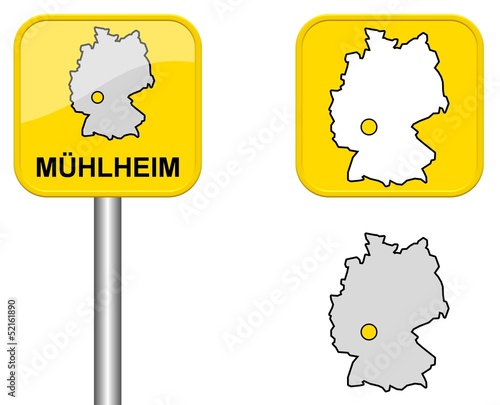Mühlheim - Ortsschild, Button und Deutschlandkarte