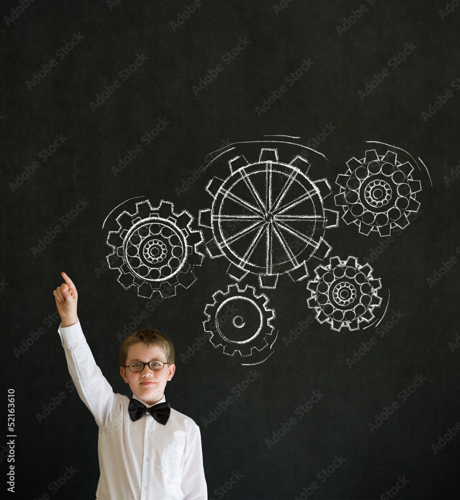 Hand up answer boy businessman with chalk turning gear cogs Hand up answer boy businessman with chalk turning gear cogs