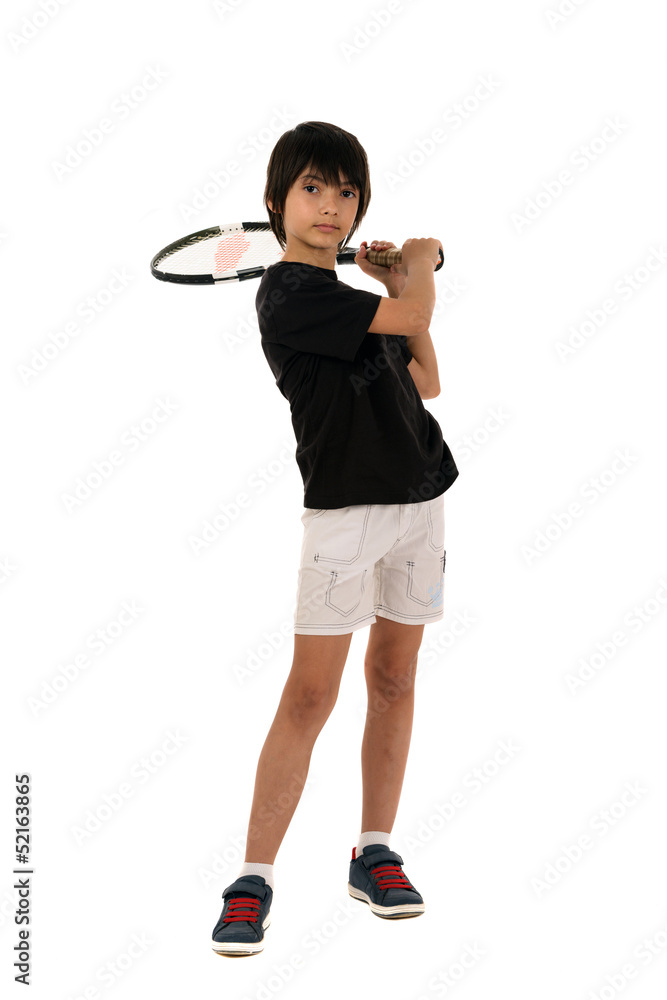 portrait of a handsome boy with a tennis racket isolated on whit portrait of a handsome boy with a tennis racket isolated on whit