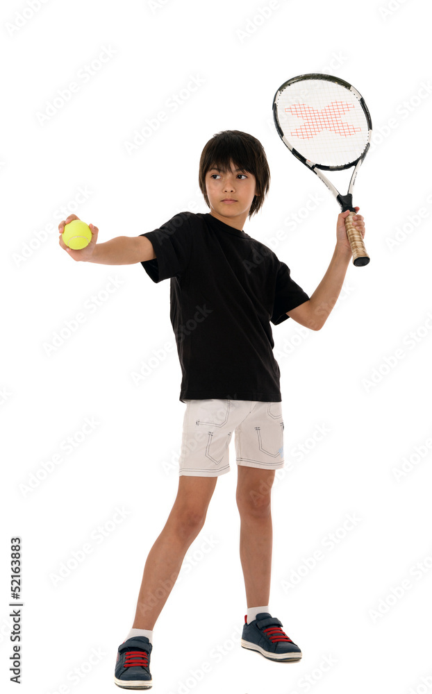 portrait of a handsome boy with a tennis racket isolated on whit