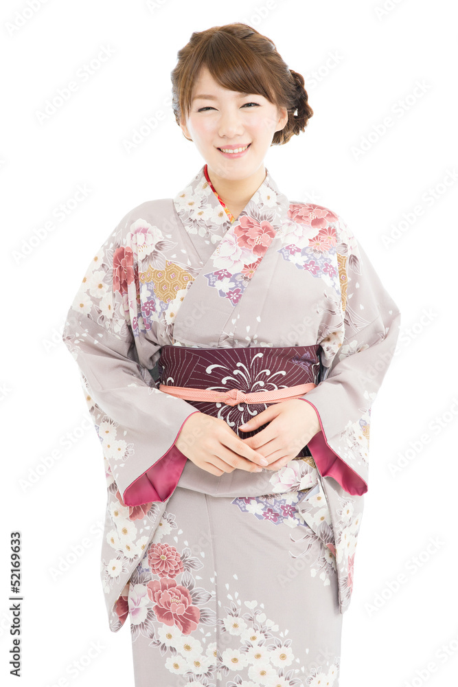 Beautiful japanese kimono woman isolated on white background