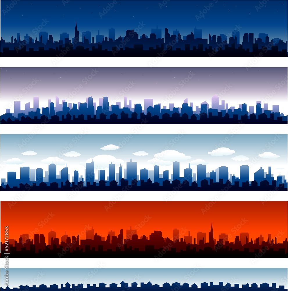 Set of vector cities silhouette time of day eps 10