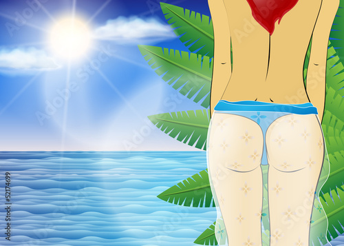 Beautiful Bikini Girl Back with Seaside