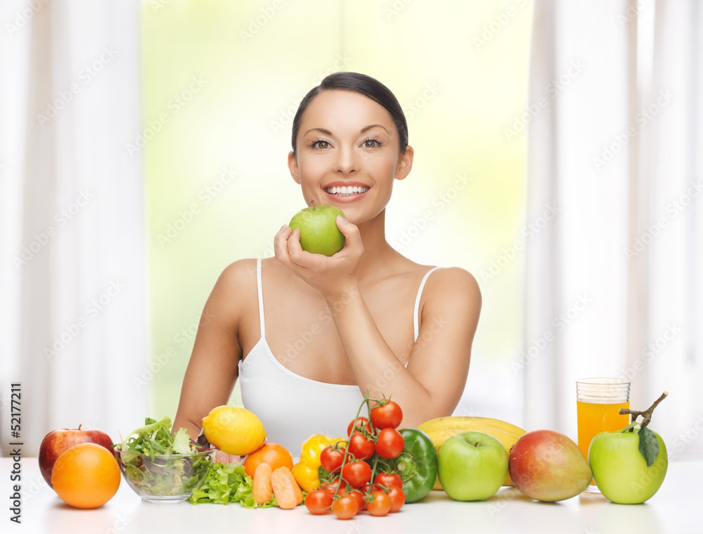 woman with fruits and vegetables woman with fruits and vegetables