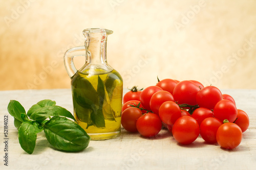 oil, basil and tomato
