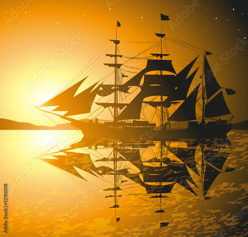 pirates ship against sunset