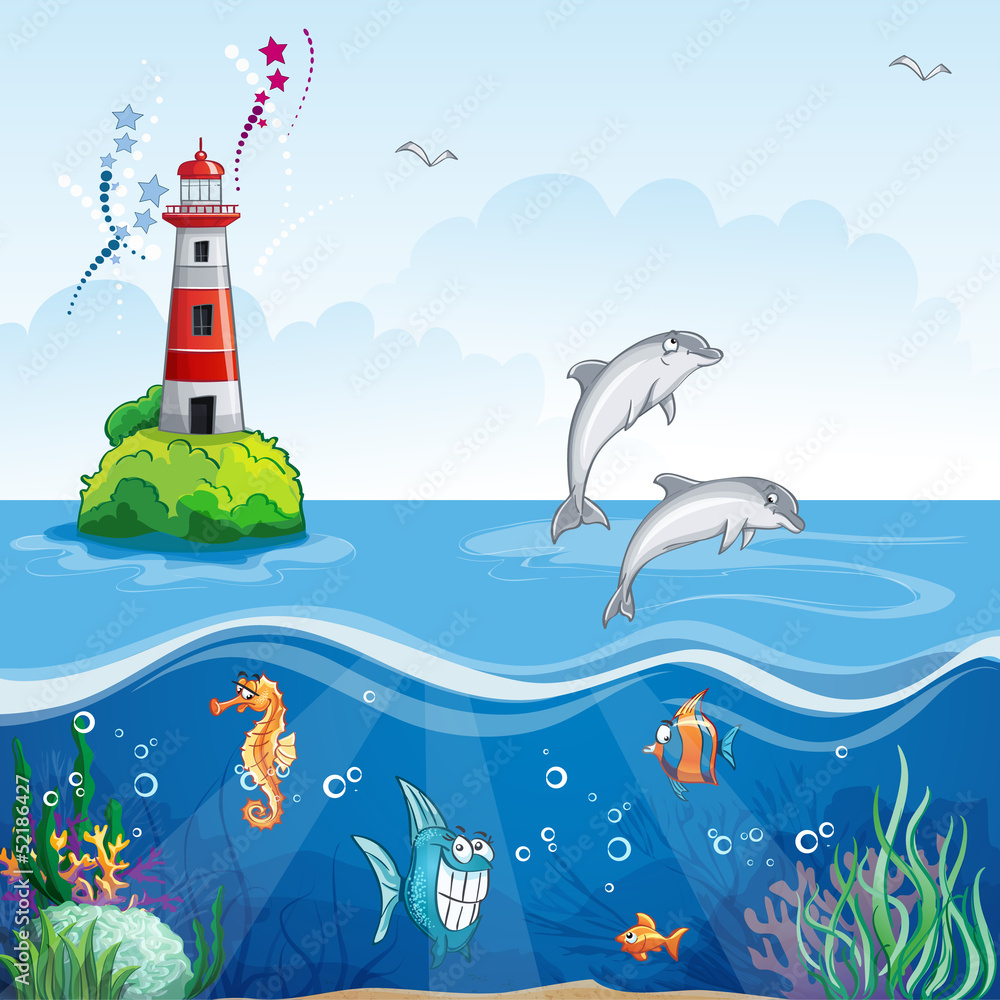 Naklejka premium Ilustracja dla dzieci latarnia morska i delfiny morskie.