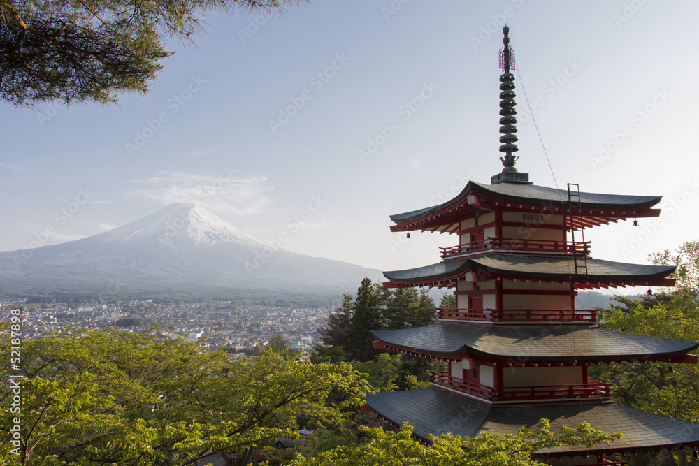 Mt. Fuji viewed from behind Chureito Pagoda