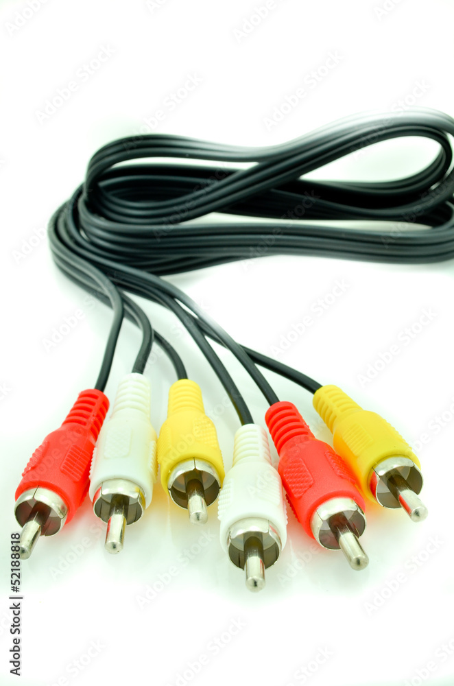 Close-up view of audio and video cables. Isolated on white.. Close-up view of audio and video cables. Isolated on white..