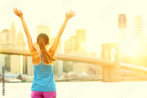 Happy cheering woman in New York City