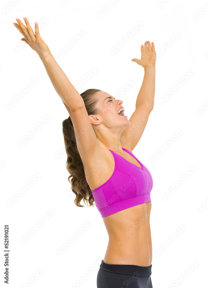 Happy fitness young woman rejoicing success Happy fitness young woman rejoicing success
