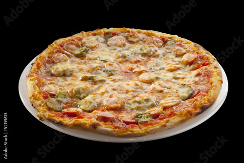 Pizza with cheese, pickles and sausage isolated on a black backg