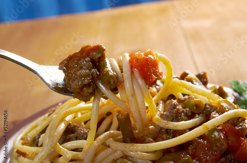  pasta with beef  tomato sauce photo