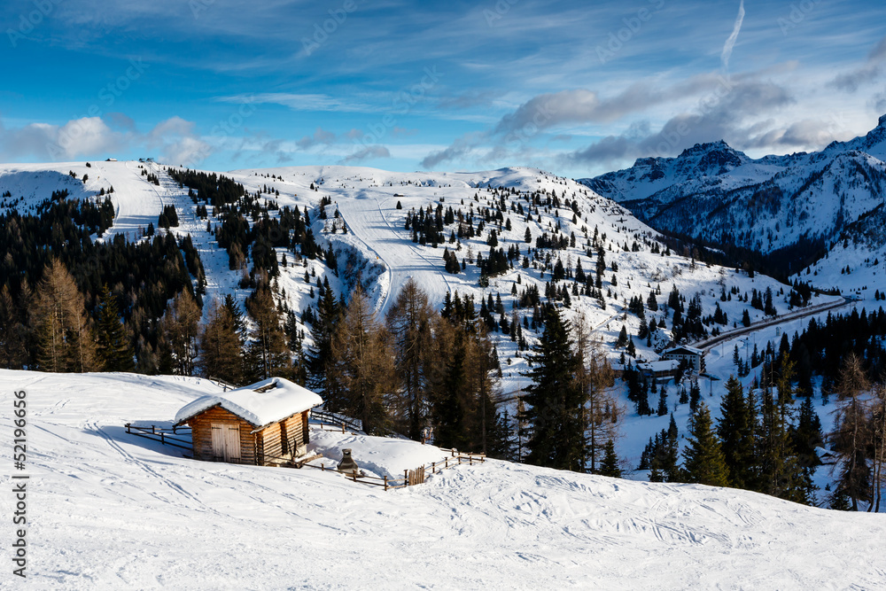 Fototapeta premium House in Passo Campolongo Valley near Skiing Resort of Arabba, D