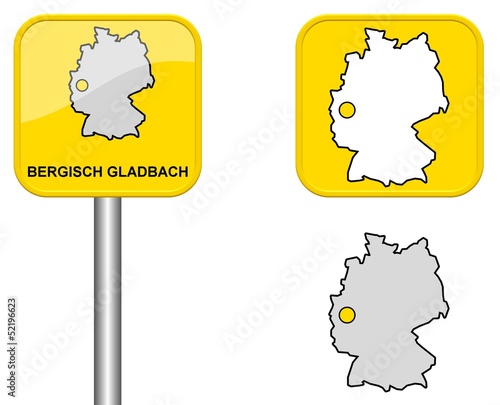 Bergisch Gladbach - Ortsschild, Button und Deutschlandkarte photo