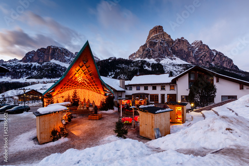 Vászonkép Ski Resort of Corvara at Night, Alta Badia, Dolomites Alps, Ital