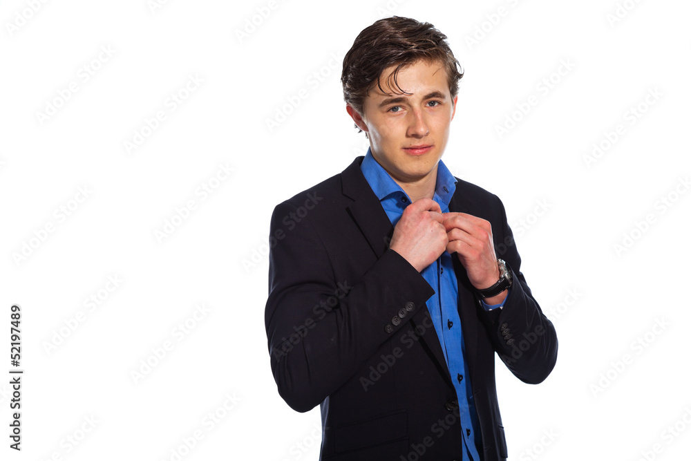 Young business man wearing blue shirt and jacket. Isolated on wh Young business man wearing blue shirt and jacket. Isolated on wh