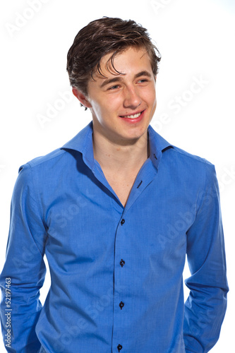 Young business man wearing blue shirt. Isolated on white.