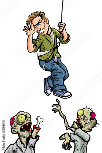 Cartoon man escaping from zombies on a rope