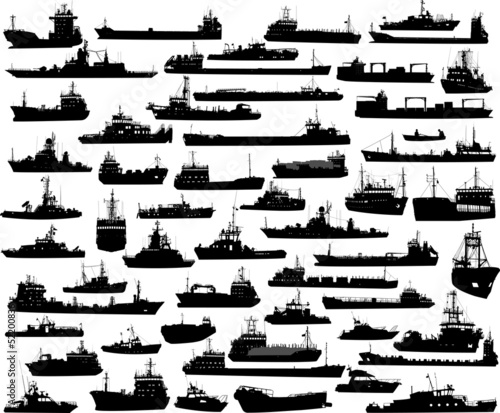 Set of 55 silhouettes of sea yachts, towboat and the ships