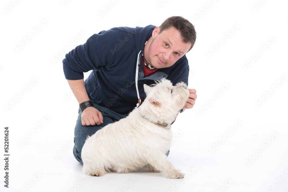 dog sitting with owner on white background dog sitting with owner on white background