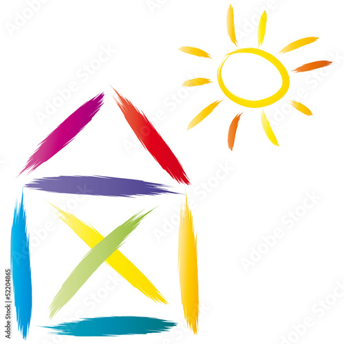 Haus aus Regenbogenfarben mit Sonne, Solar, Solarenergie, Solaranlage bauen, Umwelt, Klima, Klimaschutz, saubere Energie, Klimaschutz, ernauerbare Energien fördern